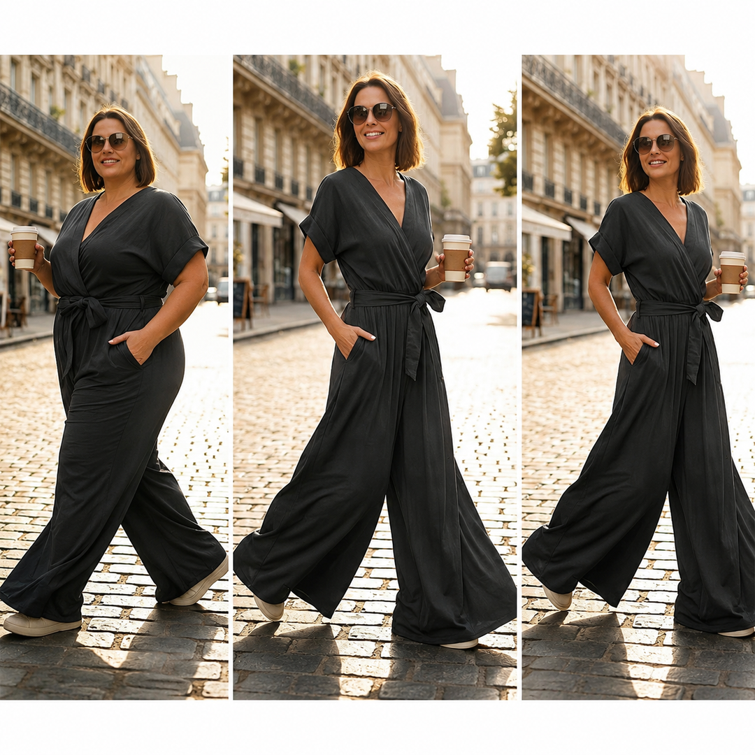 Meryem - Lässiger Jumpsuit Mit V-ausschnitt Taillenbund Und Weitem Bein