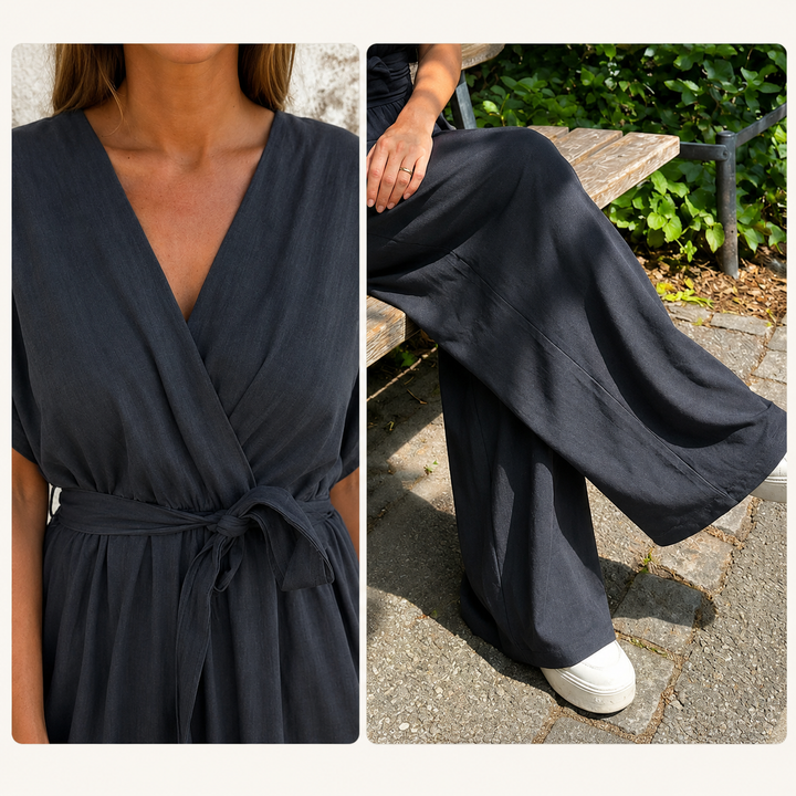 Meryem - Lässiger Jumpsuit Mit V-ausschnitt Taillenbund Und Weitem Bein