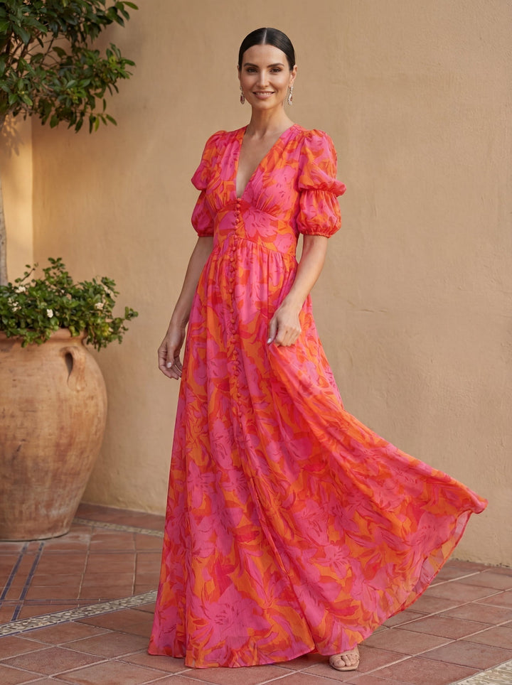 Zinnia – Maxikleid mit lebhaftem Blumenmuster und V-Ausschnitt