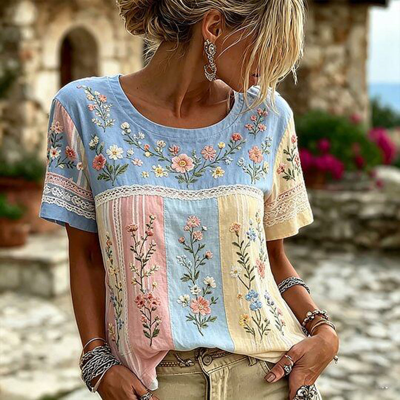 Solenna – Kurzärmliges Patchwork-oberteil MIT Blumenstickerei