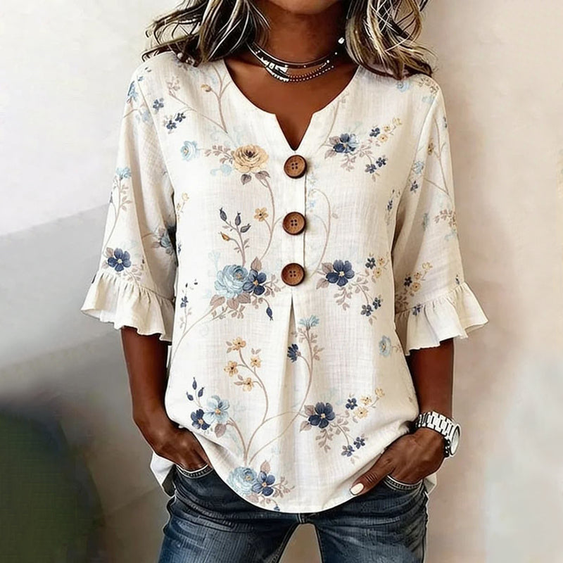 Kulap – Bluse mit Blumenmuster, Knopfleiste und Rüschenärmeln