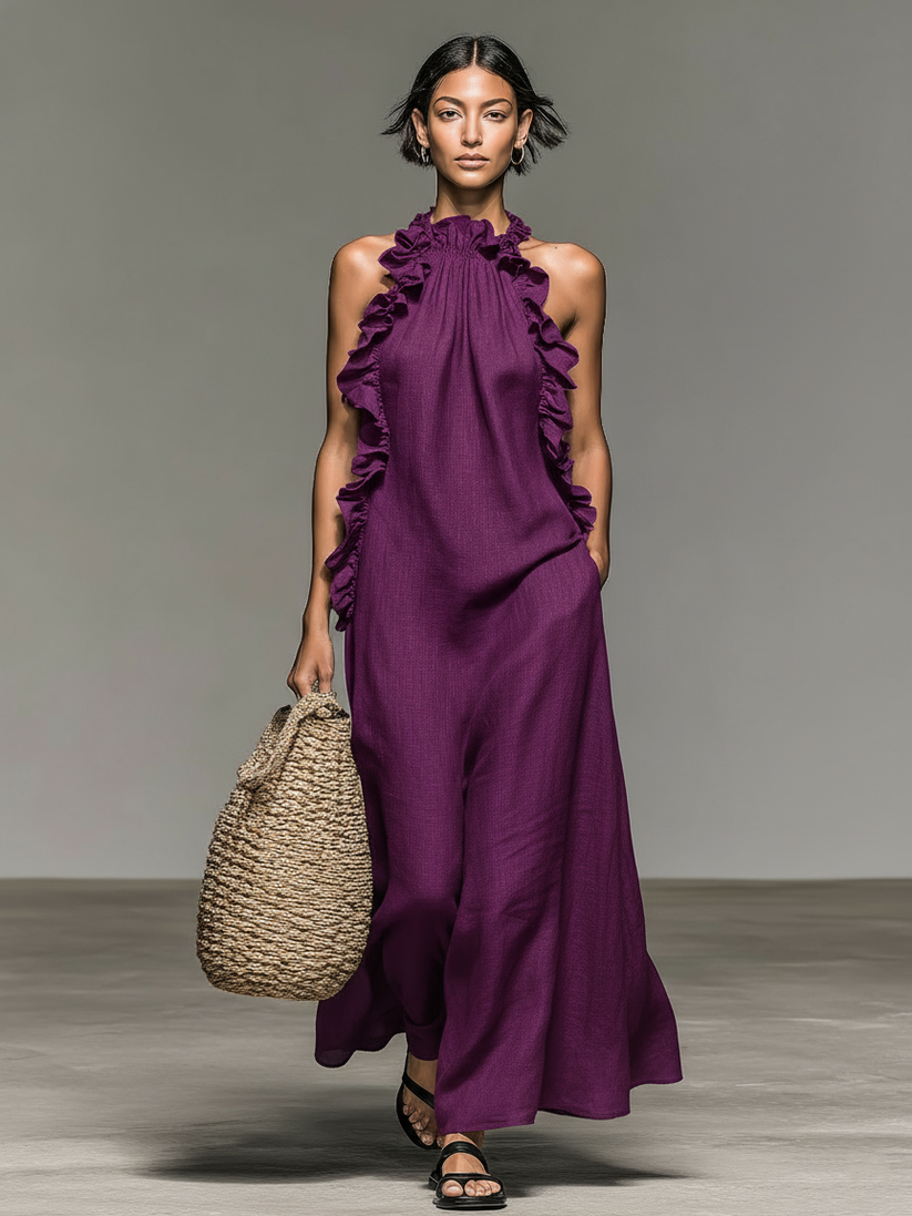 Fiora – Ärmelloses, langes Kleid mit Rüschen, Neckholder-Ausschnitt und Taschen