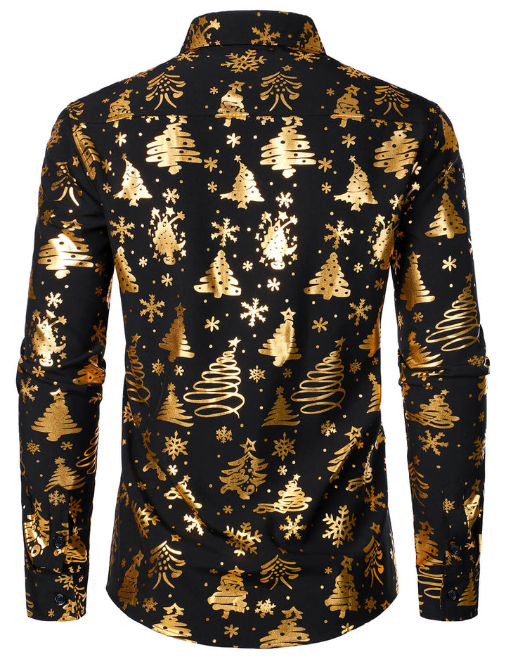 Nalcolm – Herrenhemd mit goldenem Weihnachtsmotiv  Schwarz Langärmelig