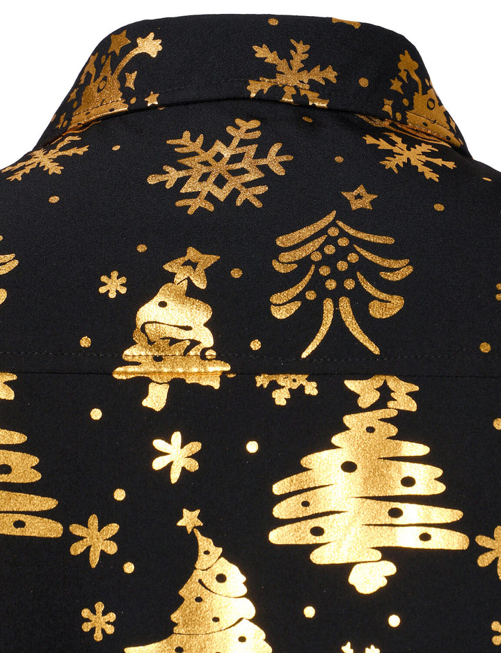 Nalcolm – Herrenhemd mit goldenem Weihnachtsmotiv  Schwarz Langärmelig