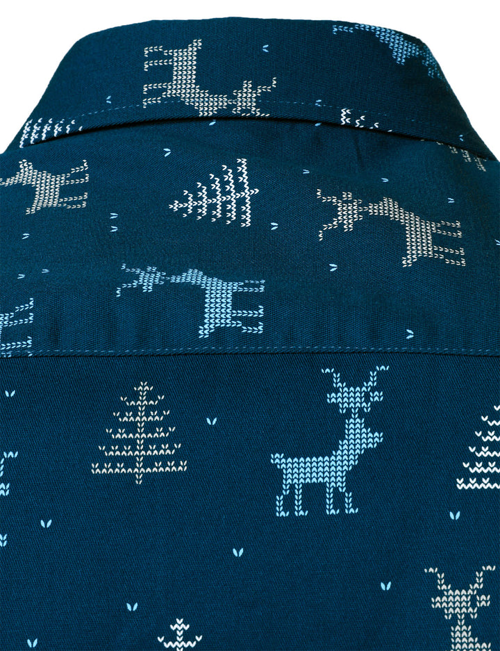 Rowan – Herren Weihnachtsbaum-Elch Print  atmungsaktives, Marineblaues Langarmhemd