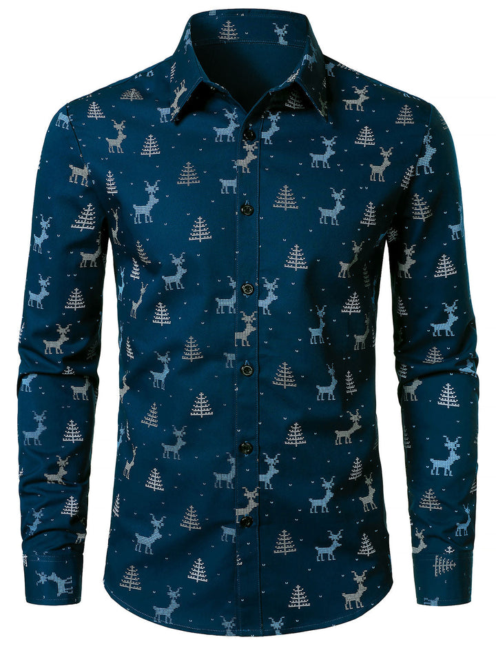 Rowan – Herren Weihnachtsbaum-Elch Print  atmungsaktives, Marineblaues Langarmhemd