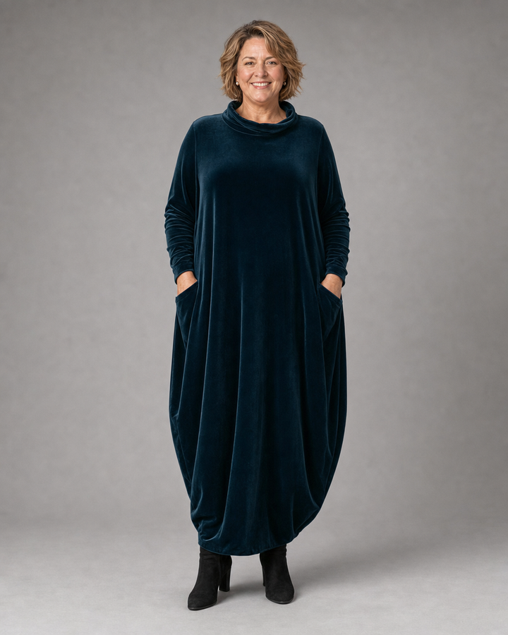 Lellina – Maxikleid Aus Samt Mit Hohem Kragen Und Lockerer Passform