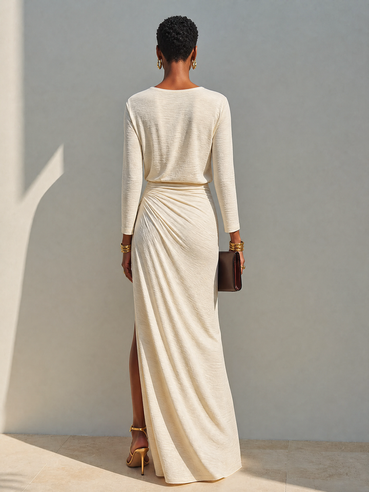 Noeza – Maxikleid Mit Rundhalsausschnitt, Drapierung Und Schlitz