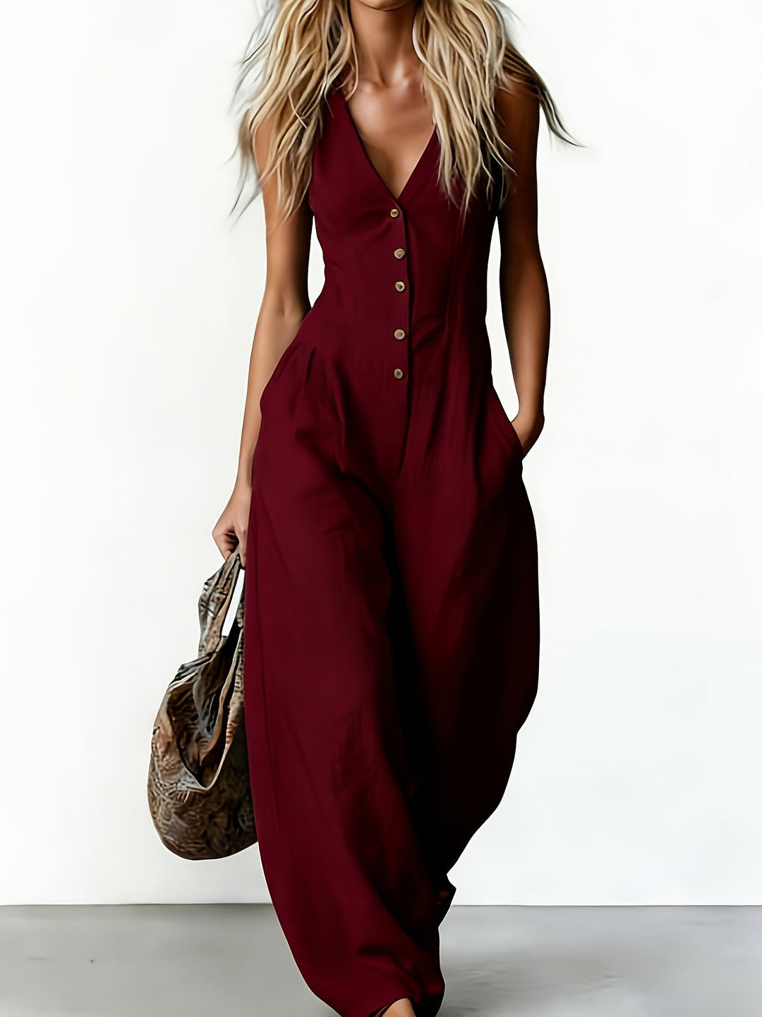 Suzanni - Eleganter Ärmelloser Overall Mit Weitem Bein Und V-ausschnitt