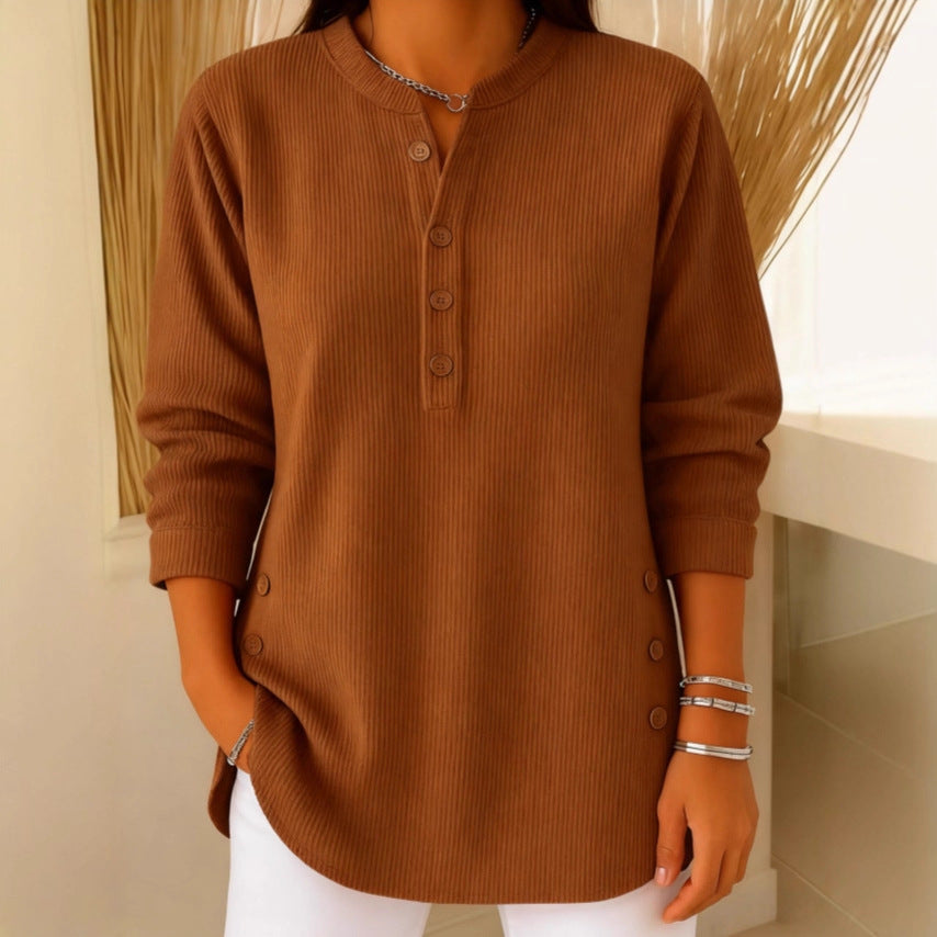 Eshani - Lässiges Geripptes Langarm Henley Oberteil Mit Knopfleiste