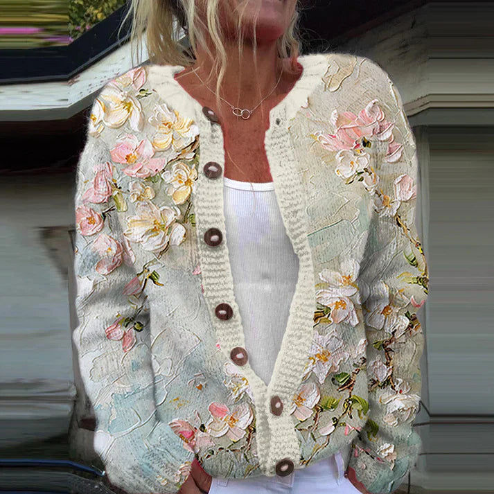 Gilly – Vintage Strickjacke Mit Blumenmuster Und Knöpfen