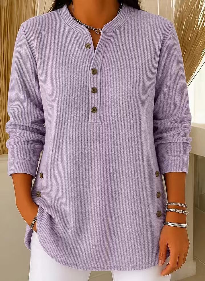 Eshani - Lässiges Geripptes Langarm Henley Oberteil Mit Knopfleiste