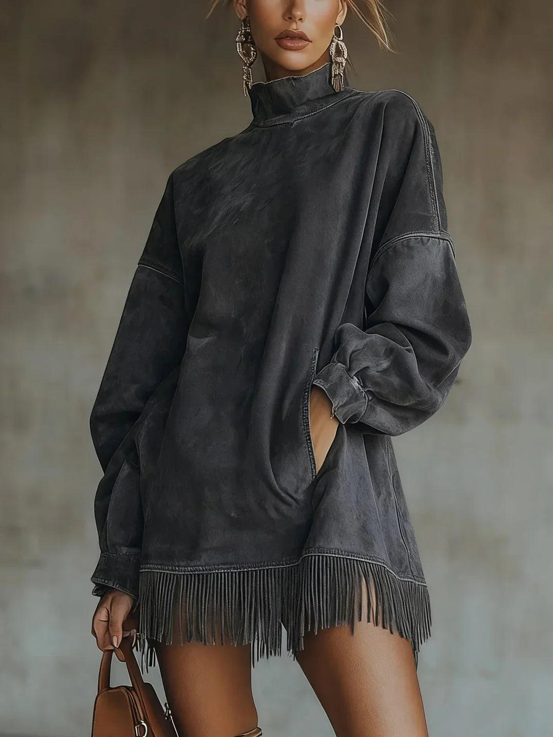 Syanna - Elegantes Langärmeliges Kleid Mit Fransen
