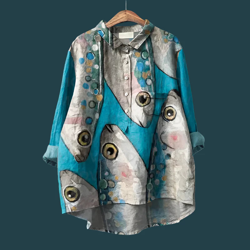 Saioa – Bequemes Vintage Hemd Mit Fisch Drucken