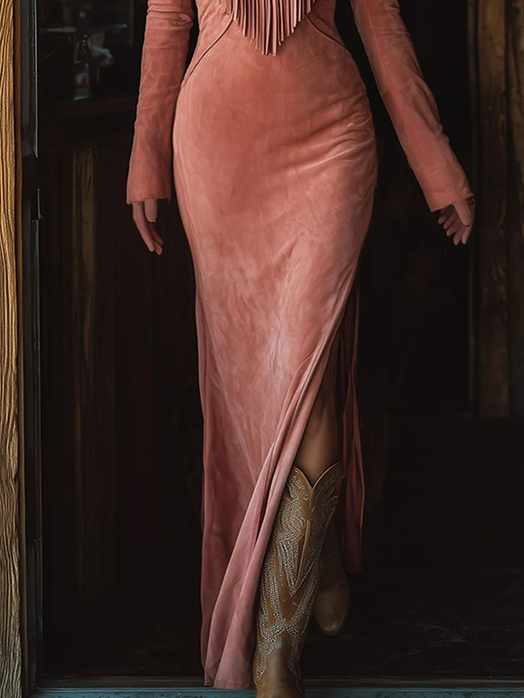 Nocturne – Langes Wildlederkleid mit Fransenstickerei