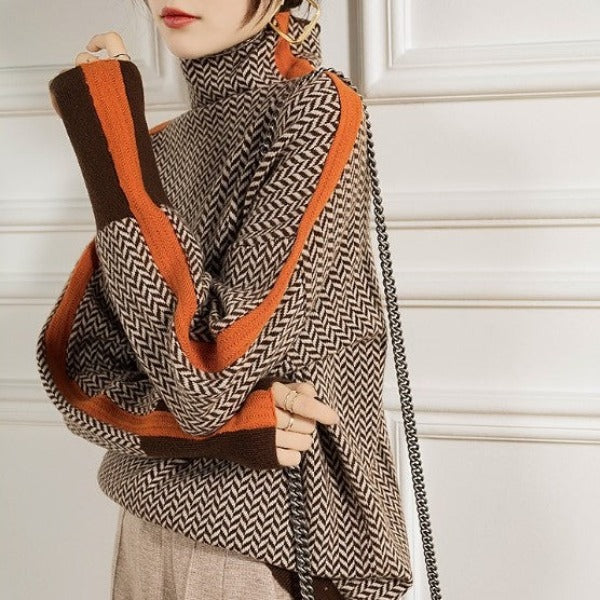 Heidemarie – Melierter Rollkragen pullover Mit Auffälligem Kontraststreifen