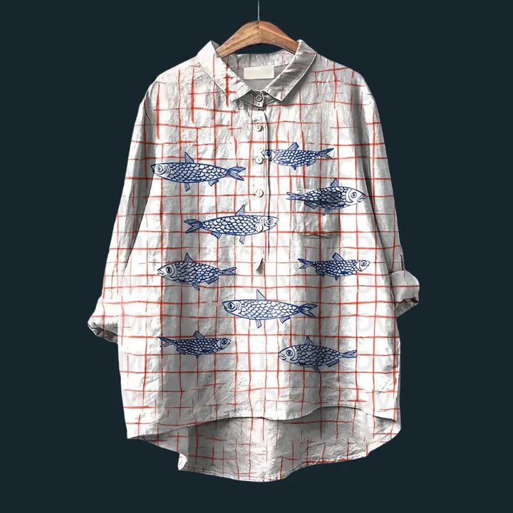 Saioa – Bequemes Vintage Hemd Mit Fisch Drucken