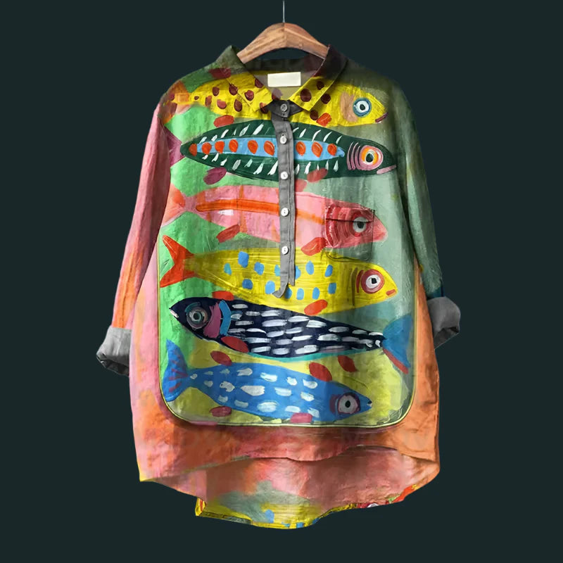 Saioa – Bequemes Vintage Hemd Mit Fisch Drucken