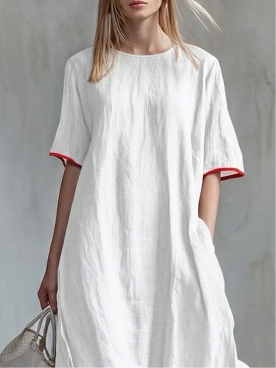 Behice – Langes Kleid MIT Kurzen Ärmeln Und Rot Gestreiften Rüschen