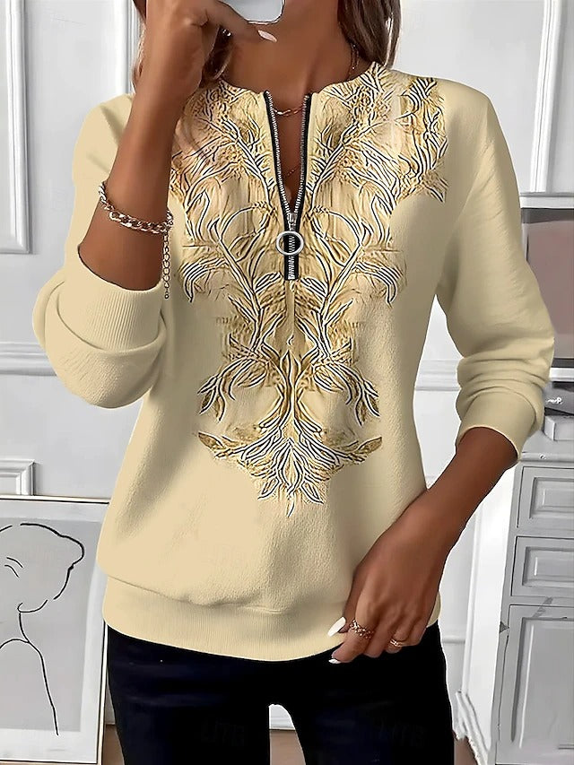 Alvilda – Eleganter Pullover Mit Halbem Reißverschluss Und Stickerei