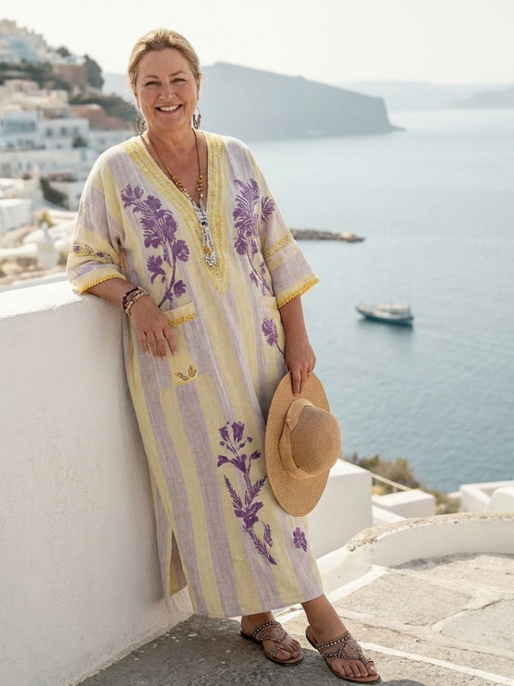 Feryana - Langes Kleid mit V-Ausschnitt Und Gestreiftem Blumenmuster