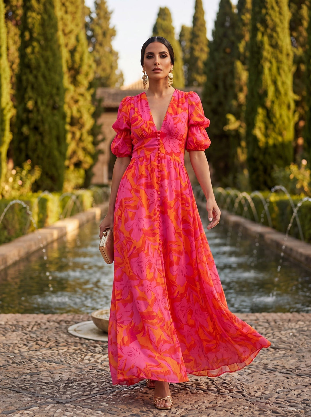 Zinnia – Maxikleid mit lebhaftem Blumenmuster und V-Ausschnitt