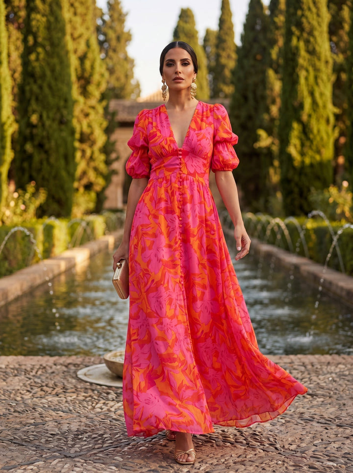 Zinnia – Maxikleid mit lebhaftem Blumenmuster und V-Ausschnitt