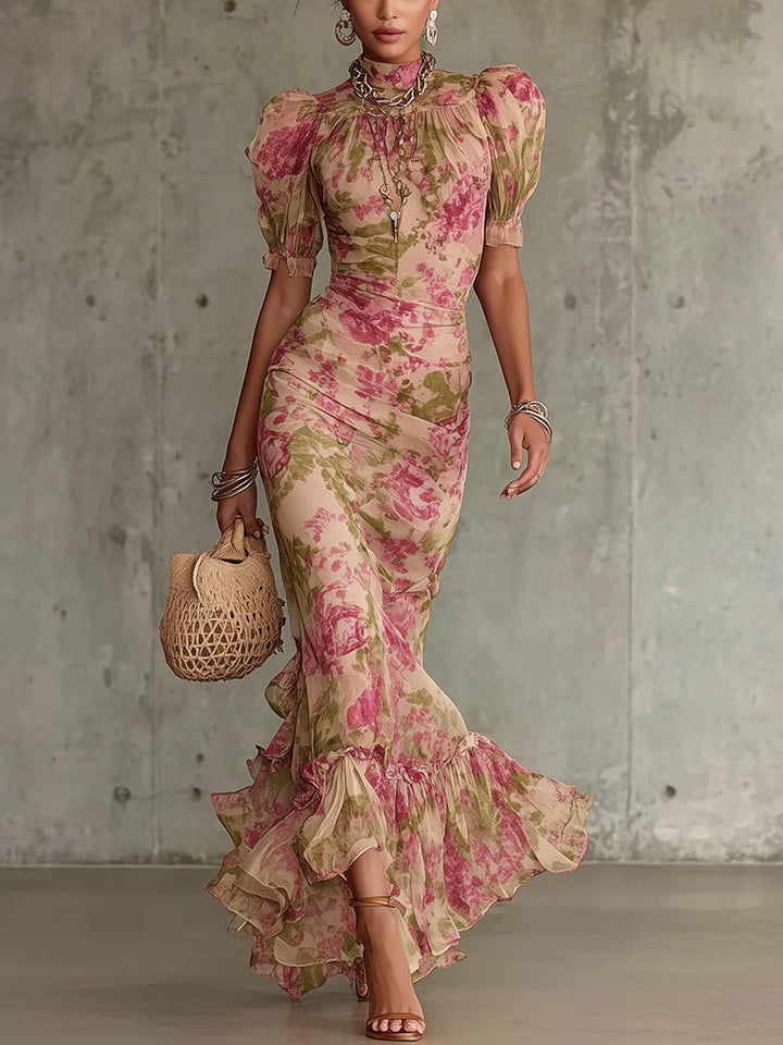 Erikka – Chiffon Kleid Mit Blumenmuster Und Rüschen Am Saum