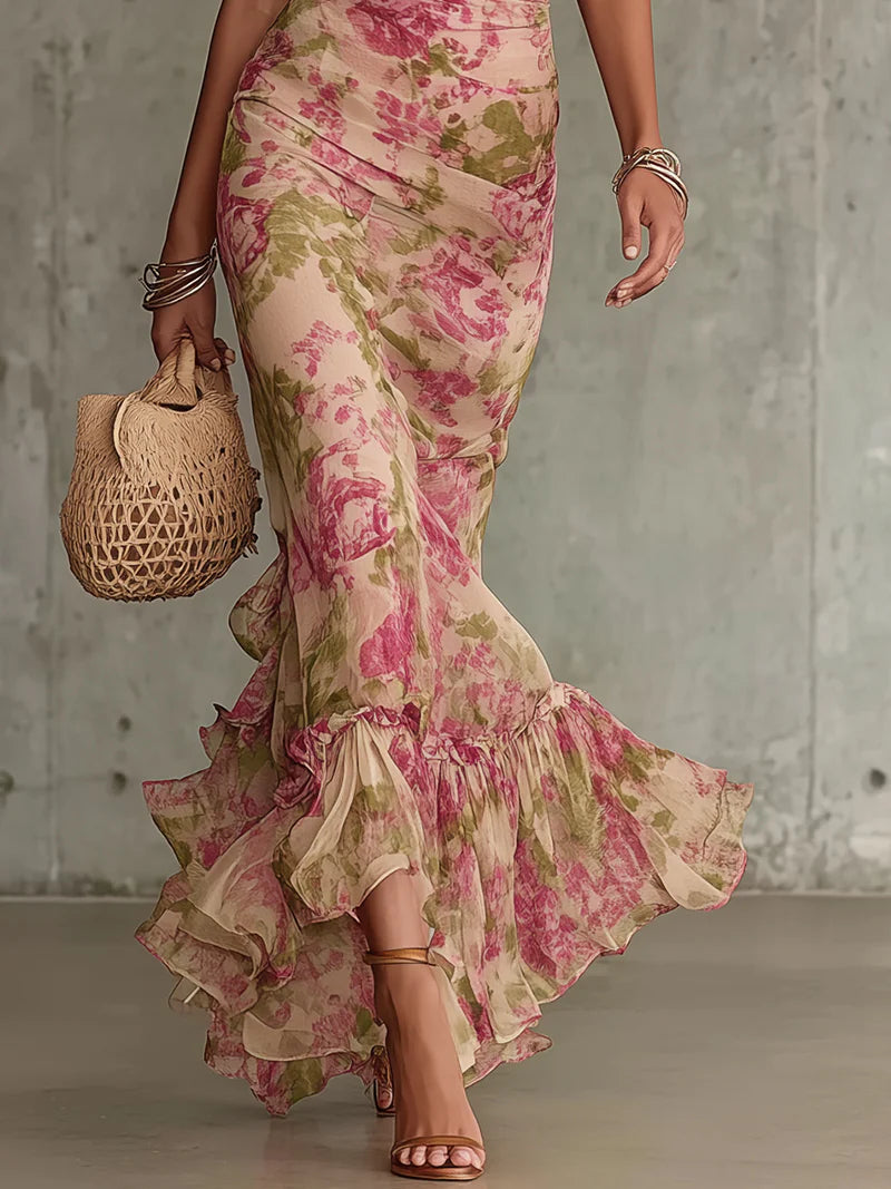 Erikka – Chiffon Kleid Mit Blumenmuster Und Rüschen Am Saum