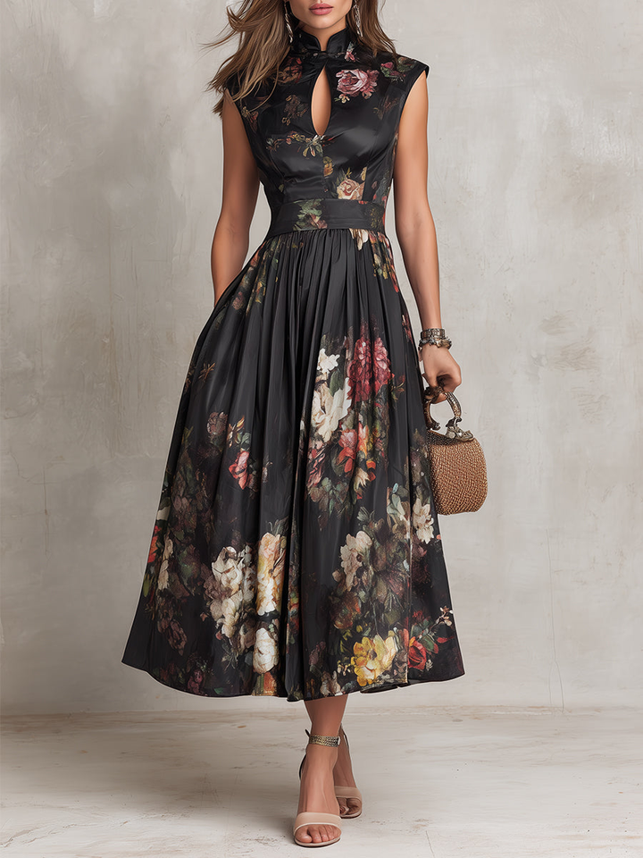 Littia – Plissiertes Satin-Kleid Mit Blumenmus