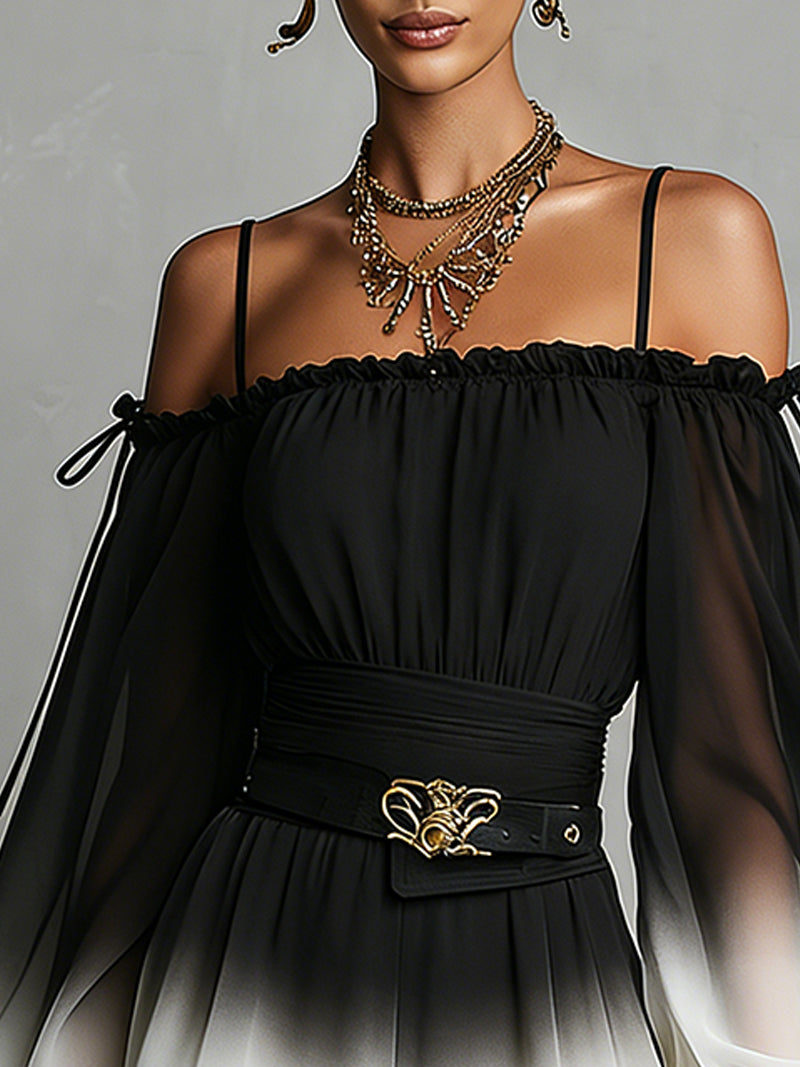 Lyolik –  Schulterfrei Playsuit aus Chiffon mit Farbverlauf