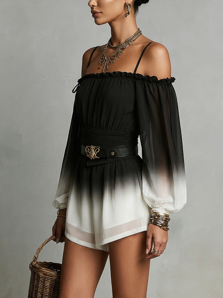 Lyolik –  Schulterfrei Playsuit aus Chiffon mit Farbverlauf