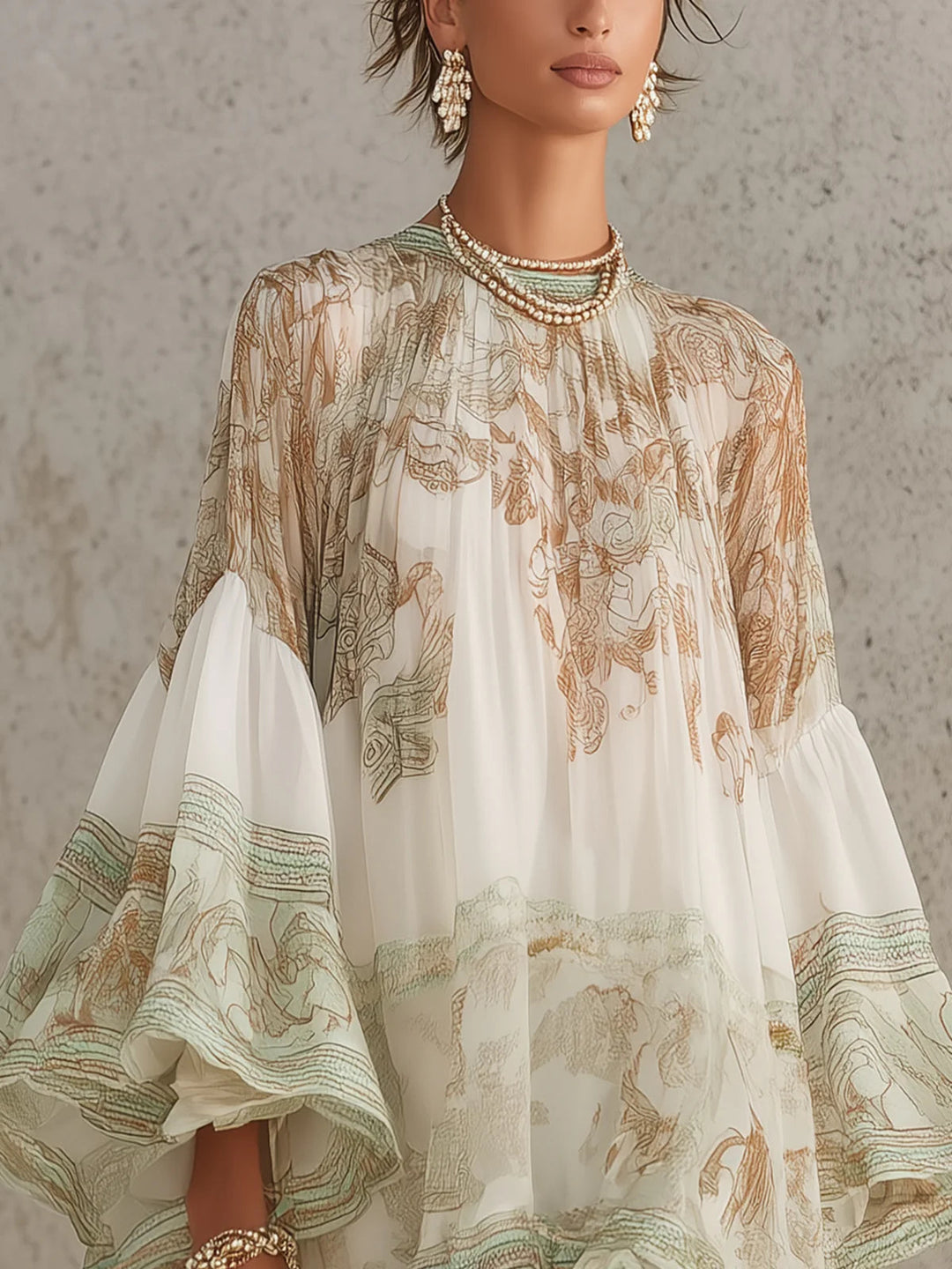 Reba – Minikleid aus Chiffon mit Barockmuster und kaskadenförmigen Rüschen