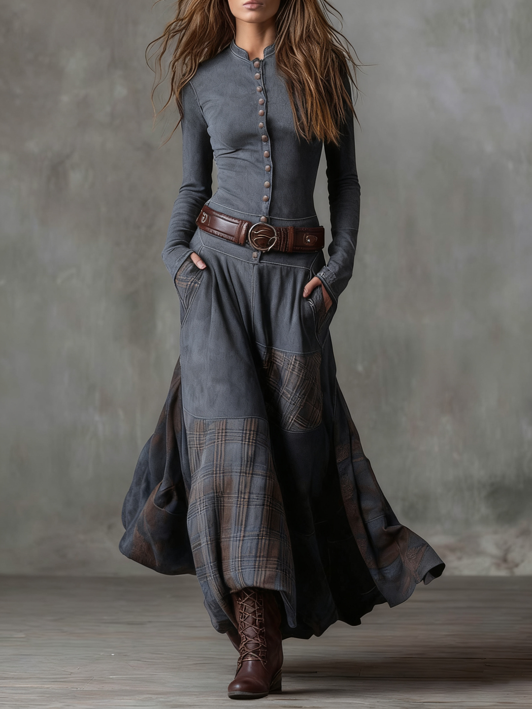 Eleza – Maxikleid Aus Kariertem Wildleder Mit Gürtel