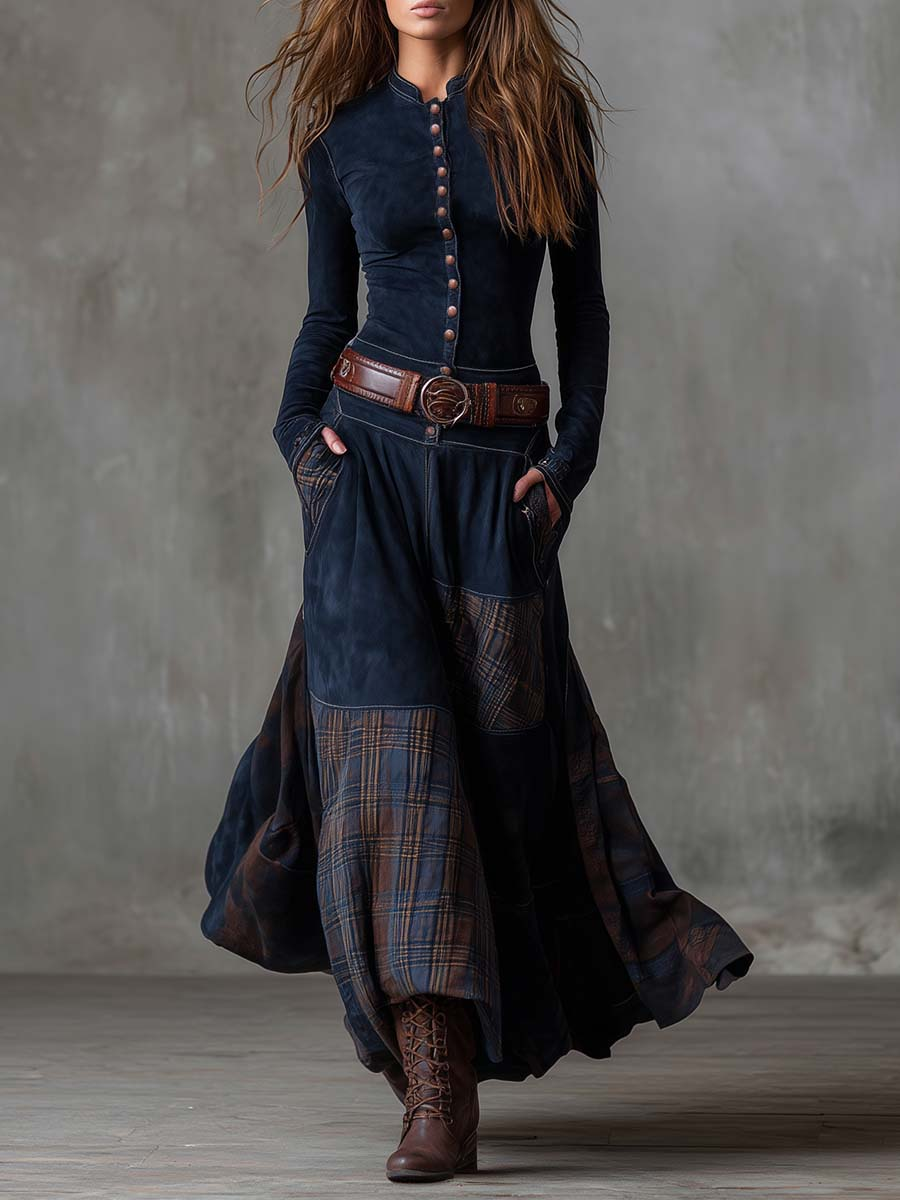 Fringilla – Langes Vintage Kleid Aus Wildleder Mit Karomuster