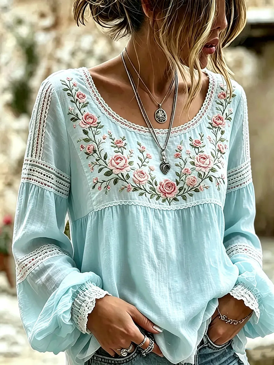 Esraa - Leinenbluse Mit Besticktem Blumenkragen