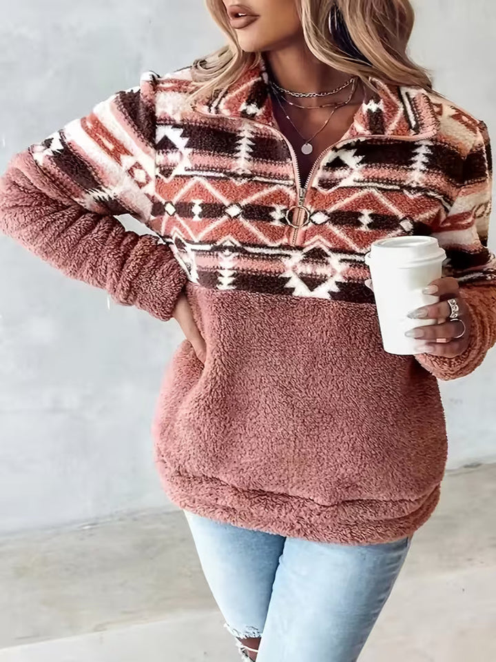 Limina – Teddy-Sweatshirt Mit Halbem Reißverschluss Und Geometrischem Muster