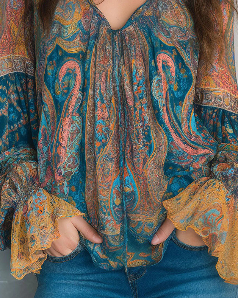Izabella – Bluse im Bohemian-Stil Mit V-Ausschnitt Und Ausgestellten Ärmeln