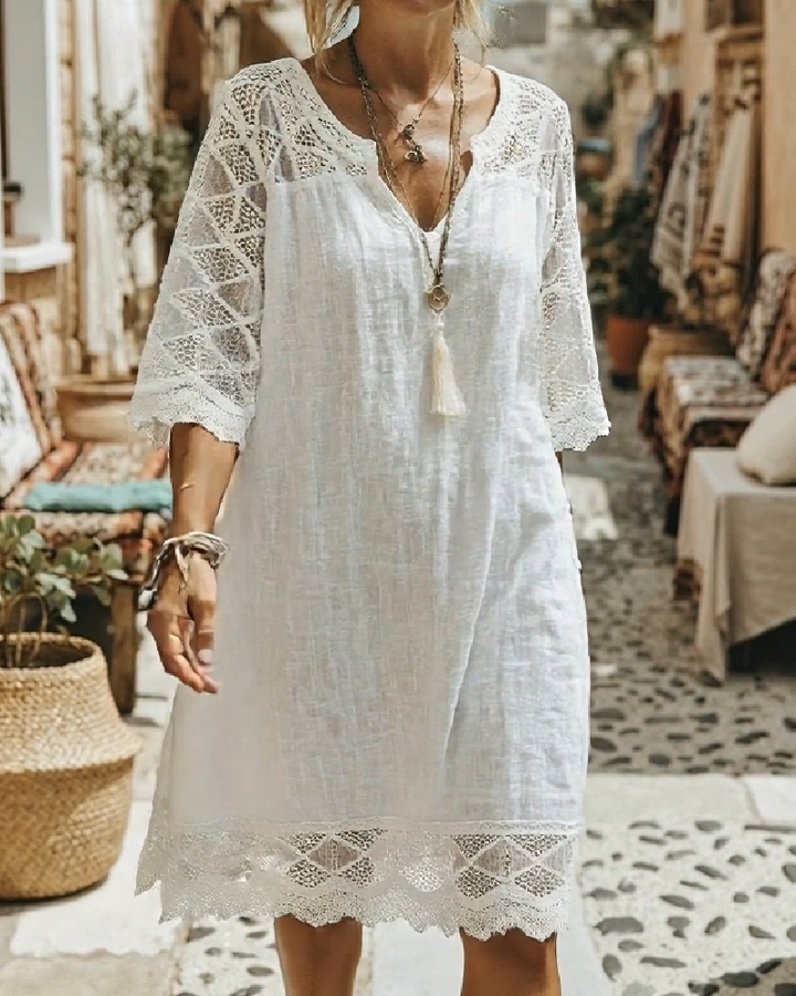 Kilina – Patchwork-Kleid Mit V-Ausschnitt Und Spitze