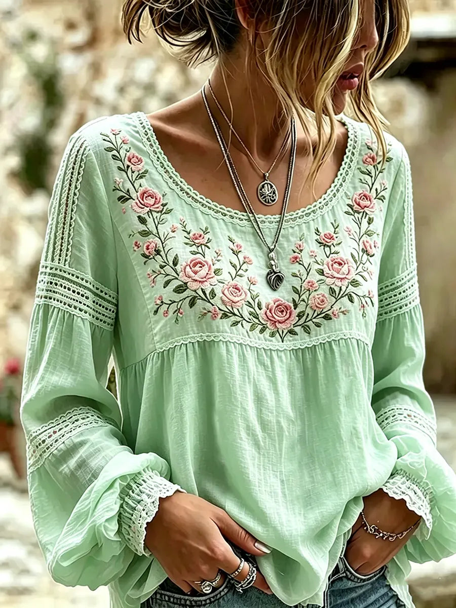 Esraa - Leinenbluse Mit Besticktem Blumenkragen