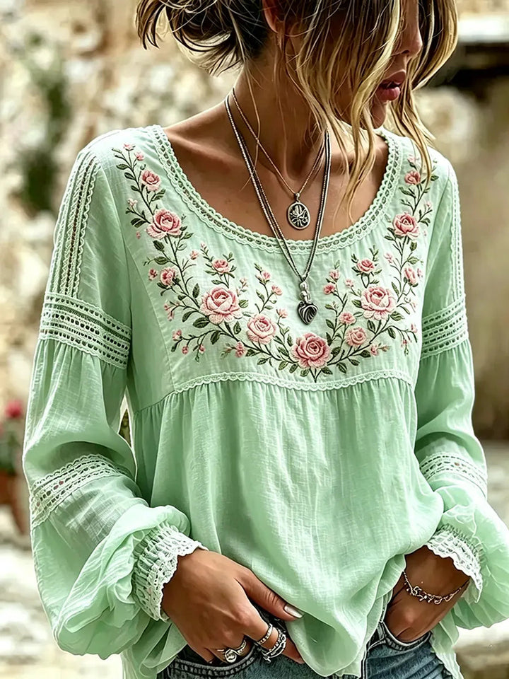 Esraa - Leinenbluse Mit Besticktem Blumenkragen