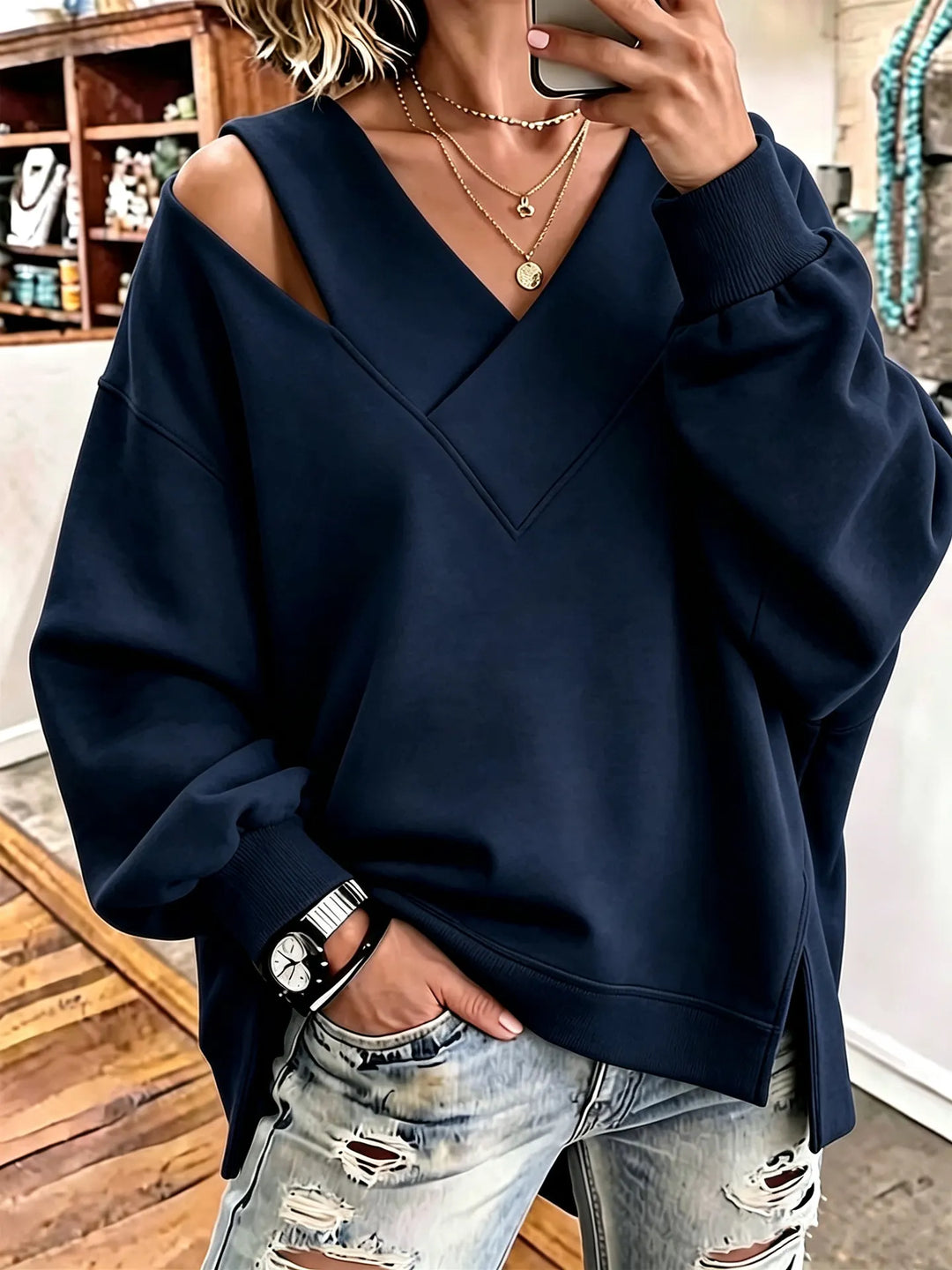 Kirstan – Schickes Oversize Sweatshirt Mit V-Ausschnitt Und Cut-out