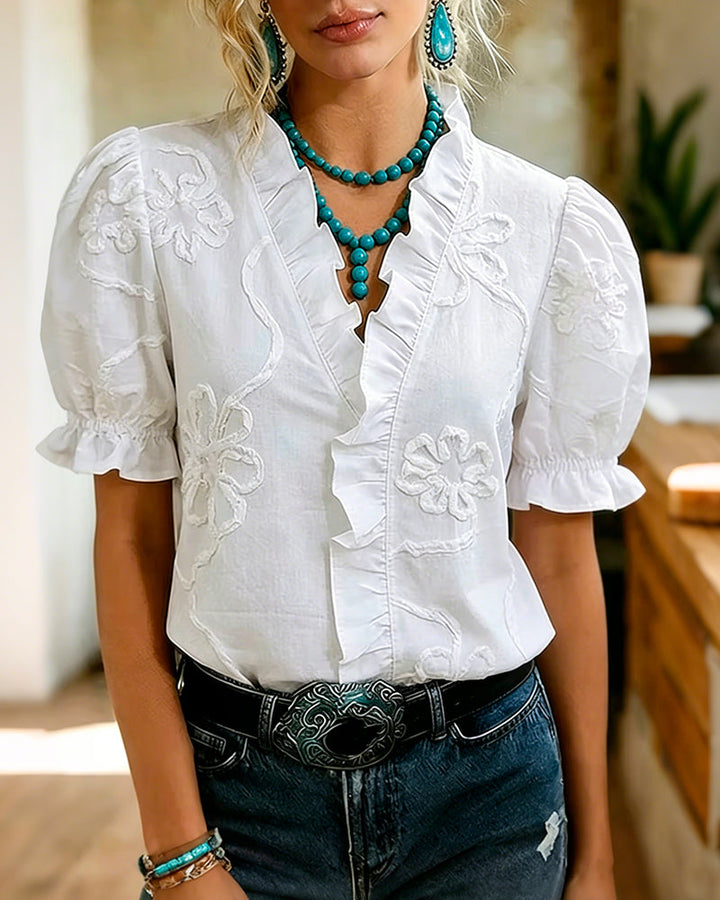 Lillynn - Bluse Mit V-Ausschnitt Rüschenbesatz Und Puffärmeln