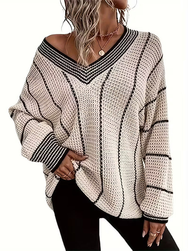 Lykke – Gestreifter Übergröße Pullover Mit V-Ausschnitt