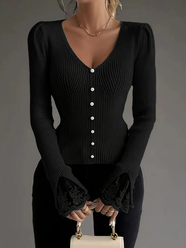Visenna – Eleganter Pullover Mit V-Ausschnitt Und Spitzenärmeln