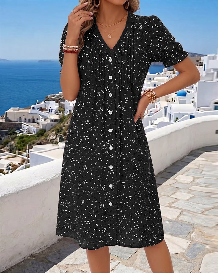 Dayma - Kleid Mit V-Ausschnit Blumenmuster Und Knopfleiste