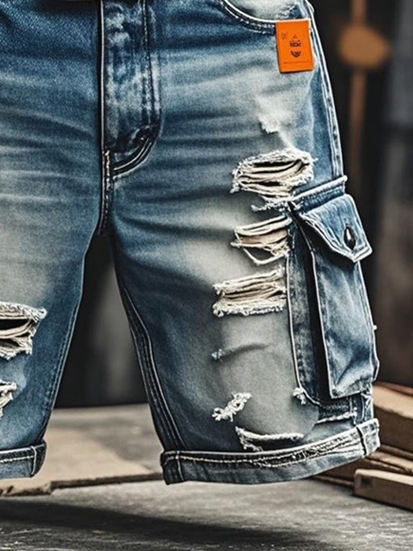 Herren Vintage Outdoor Funktions-Shorts aus zerrissenem Denim