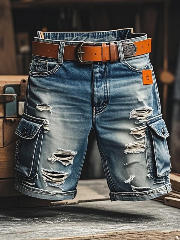 Herren Vintage Outdoor Funktions-Shorts aus zerrissenem Denim