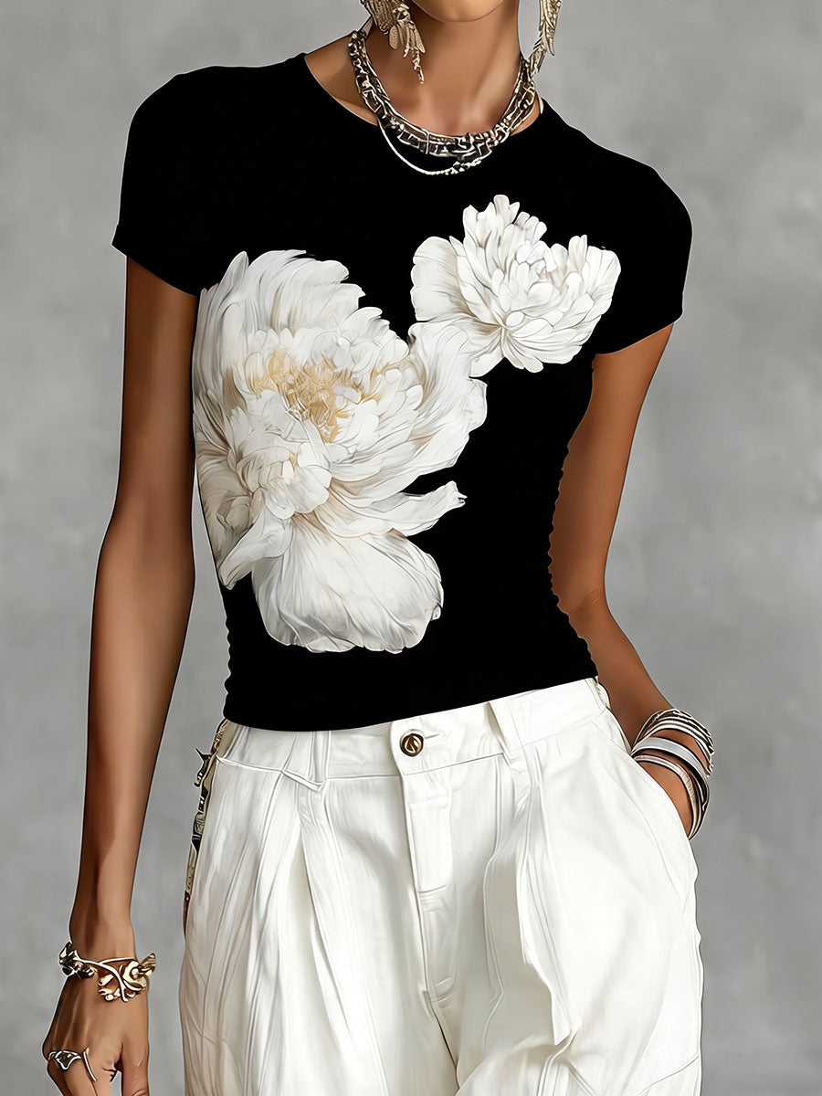 Lunessa – T-Hemd Mit Rundhalsausschnitt Und Zweifarbigem Blumenmuster