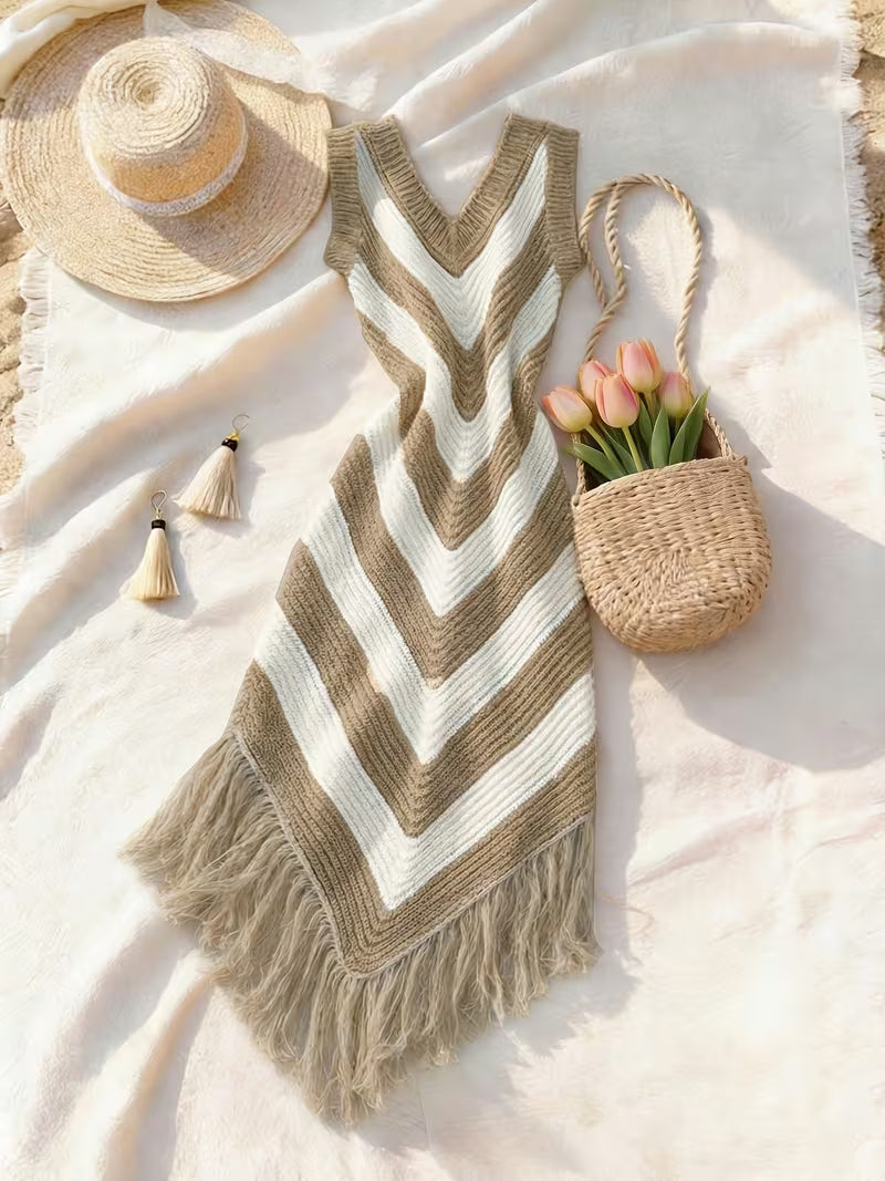 Foley – Strand Überwurfkleid mit Fransen am Saum aus Stretchstoff